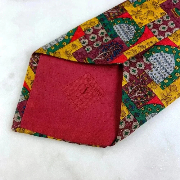 VALENTINO CRAVATTE 100% Silk Men Red, Green & Gold Tree Necktie, Made in Italy - Picture 4 of 9